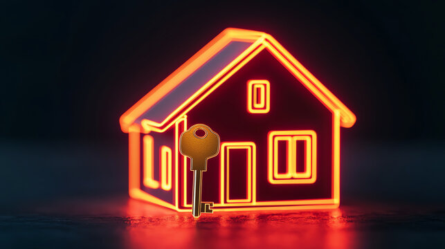 glowing house outline with golden key symbolizes security and home - Powered by Adobe