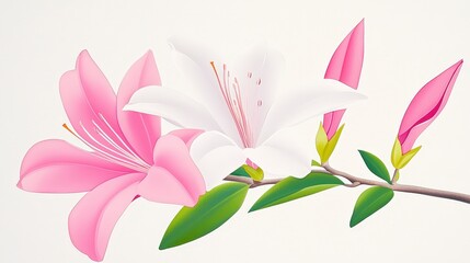 Obraz premium Beautiful Pink and White Flowers on Branch with Buds and Leaves