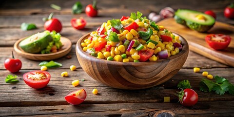Delicious Vibrant Corn Salad in Rustic Wooden Bowl with Fresh Herbs and Vegetables