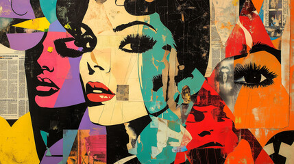 Vibrant Pop Art Collage of Female Faces, Bold Colors and Layered Textures in a Modern Art Style