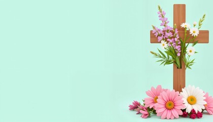 Obraz premium Wooden cross with flowers on mint green background