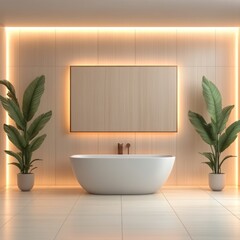 Fototapeta premium Minimalist Bathroom with Tub and Sink Mockup Against Empty Wall