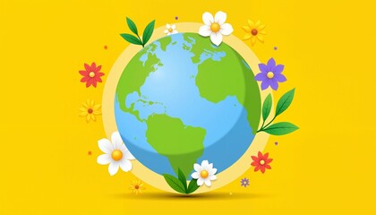 Naklejka premium Colorful earth globe surrounded by flowers on yellow background
