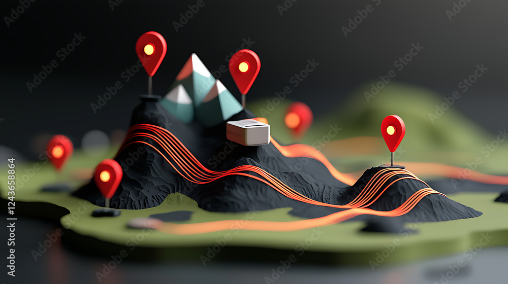 Poster interactive map design featuring geographical points mountainous terrain 3d visualization digital en