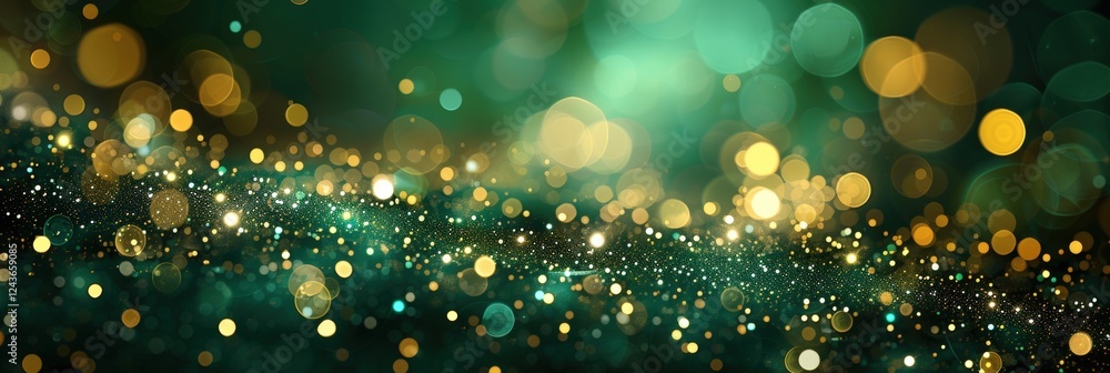 Poster beautiful abstract bokeh background with multicolored glowing lights in shades of green and gold for