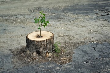 Resilient Plant Growth from Tree Stump on Urban Asphalt Surface