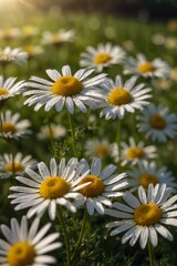Fototapeta premium Field of blooming daisies with bright yellow centers and sunlight shining through 
