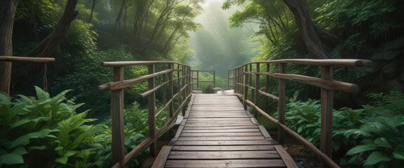 Wooden footbridge leading through vibrant greenery in Tiffany Falls Conservation Area, structure, environment, trekking