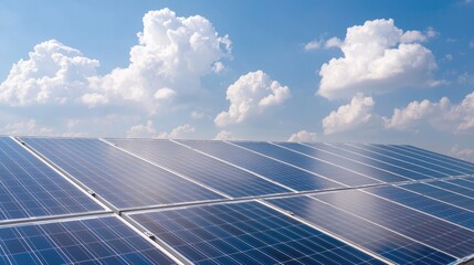 Solar panels on rooftop under blue sky.  Clean energy production