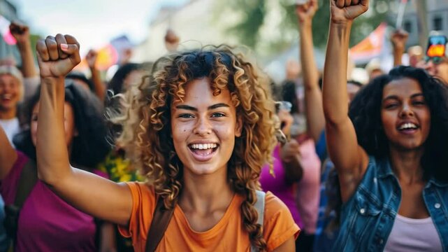 Feminist demonstration in a city highlighting unity and empowerment among diverse participants