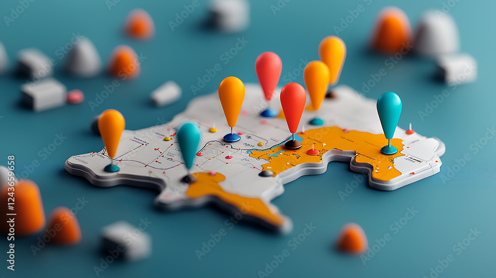 Poster exploring geographic locations with colorful pins interactive map visualization digital environment 