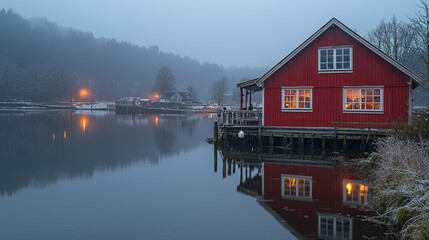 Fototapeta premium Red house on waterfront winter scene foggy morning