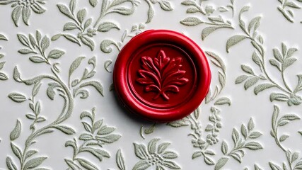 A red wax seal with floral design on embossed paper, suitable for weddings or historical themes