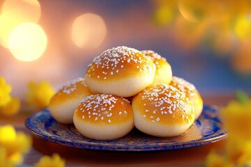 Fototapeta premium Sweet Sesame Seed Buns - A close-up shot of delicious, golden-brown sesame seed buns arranged on a blue plate. Warm lighting and a soft background enhance the image's appeal.