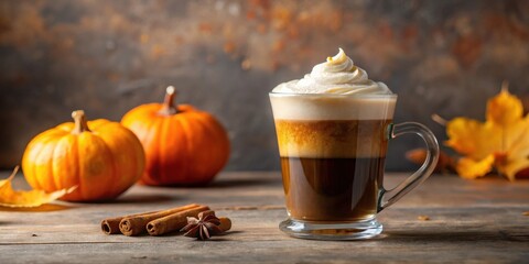 Autumnal beverage with whipped cream, layered coffee, and fall decor