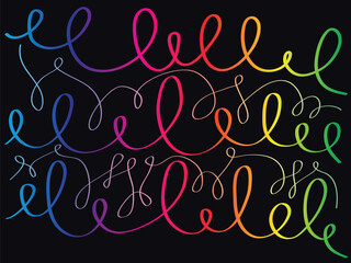 Obraz premium Abstract vector gradient rainbow swirl shapes isolated on black background. Vibrant party template with copy space.