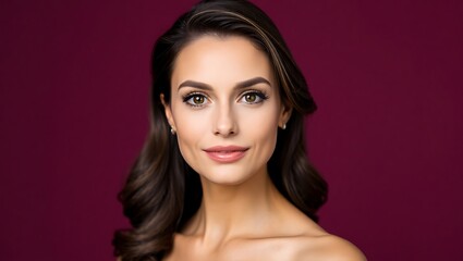 Fototapeta premium Elegant Woman Portrait in Studio with Mauve Background and Subtle Cosmetics
