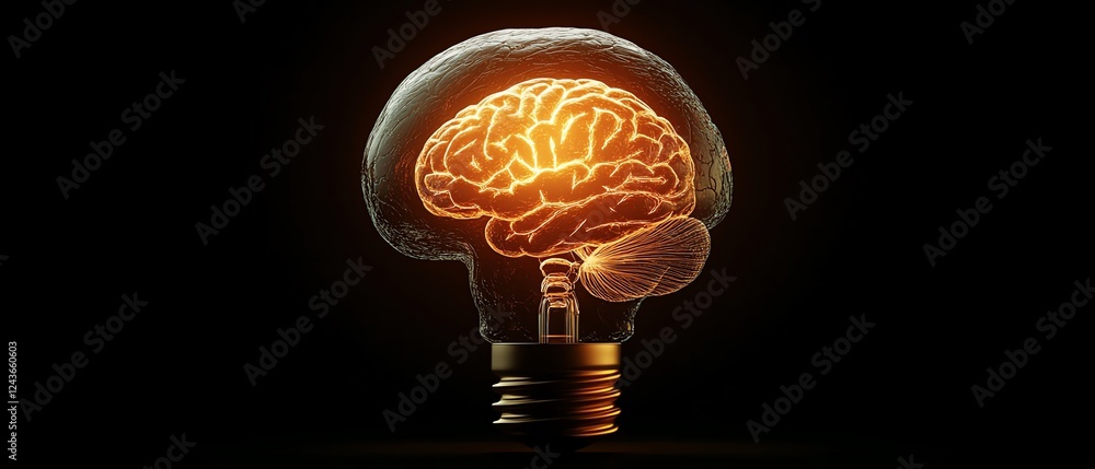 Poster human brain merging with a glowing light bulb, symbolizing the intersection of intelligence and tech