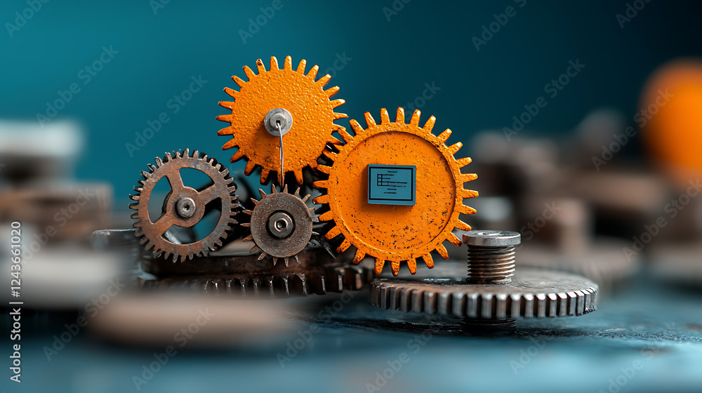 Poster mechanical motion and gears in close-up industrial setting still life abstract concept macro photogr