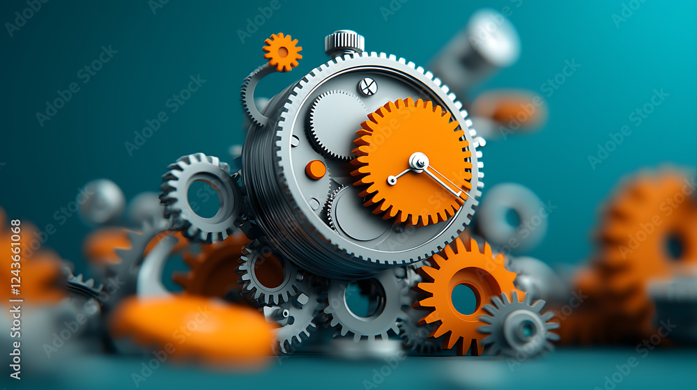 Poster dynamic clockwork mechanism studio 3d rendering industrial environment close-up view innovation conc