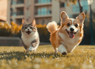 Playful Cat and Corgi Running Together in Sunny Park Setting, Capturing Joyful Moments of Friendship and Fun in Nature