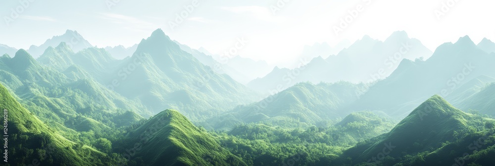 Poster layers of lush green mountains fade into the misty distance, creating a tranquil and breathtaking na