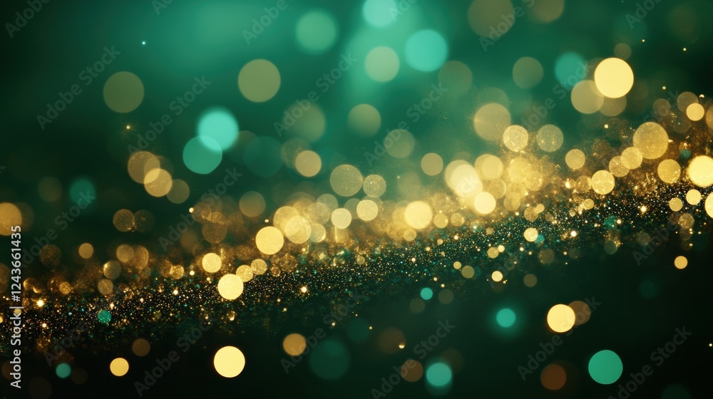 Poster golden and teal bokeh abstract background with circles of light and soft glow for modern design, cre
