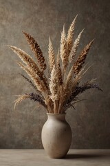 Naklejka premium Elegant vase filled with dried grasses and flowers in neutral tones 