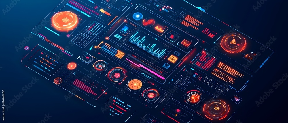 Poster a computer monitor with a lot of different colored graphs and numbers