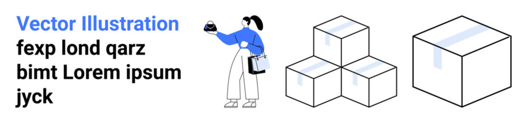 Woman holding a small package while carrying a clipboard, accompanied by stacked and single boxes. Ideal for delivery, packaging design, logistics, inventory management, e-commerce, warehousing