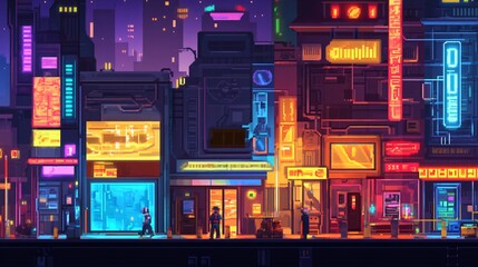 Fototapeta premium Futuristic Cityscape at Night with Vibrant Neon Lights and Buildings