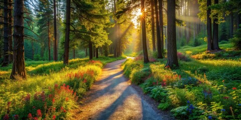 Obraz premium Sunlit Path Through a Vibrant Forest Meadow at Dawn