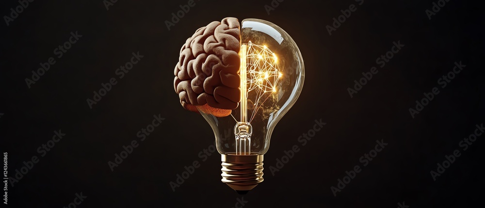 Poster symbol of brain and light bulb together, representing the synergy of human intelligence with technol