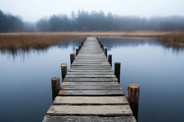 Fototapeta premium Foggy Morning Peaceful Pier Over Calm Water with Reflection and Nature