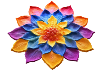 Serene beach aerial view of colorful sand mandala design isolated on transparent background