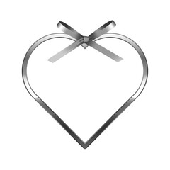 Shiny silver metal heart frame with ribbon bow ornaments. Luxury grey border. Set of glossy gray heart shape flat frame mockup design element. 3d Vector illustration.
