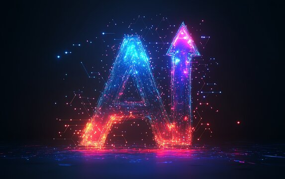 The word AI created with arrows pointing upward, symbolizing growth in personal abilities, skill development, and continuous improvement, vibrant design