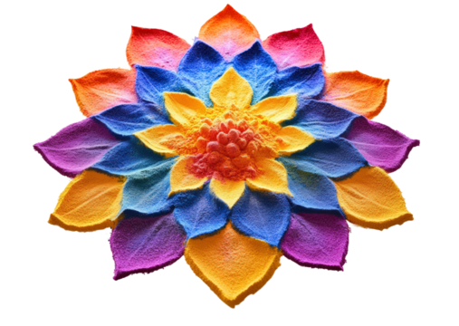 Serene beach aerial view of colorful sand mandala design isolated on transparent background