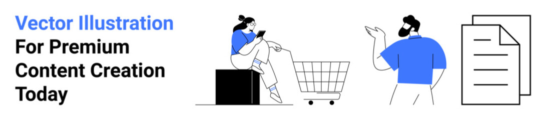 Woman browsing on a phone, sitting near a shopping cart man gesturing, standing near documents. Ideal for e-commerce, teamwork, collaboration, technology, business, communication flat landing page