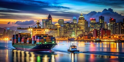 Obraz premium Vancouver Harbor Night: Tugboat Assisting Container Ship