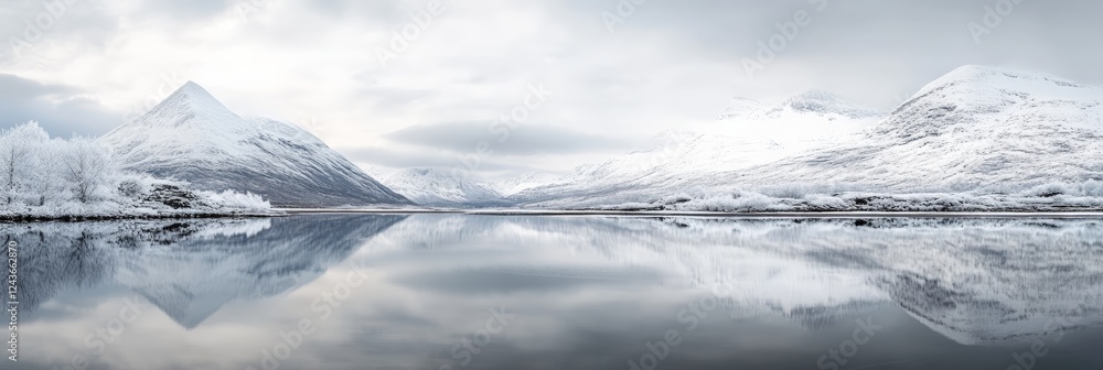 Poster panoramic view capturing a serene winter landscape, showcasing snow covered mountains perfectly refl