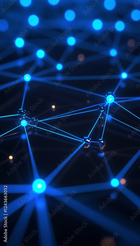 Poster abstract flowing grid, interconnected nodes on a dynamic network in minimalist blue design