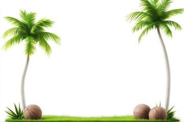 Obraz premium Tropical Paradise Coconut Palm Trees - Two coconut palm trees on a grassy area with coconuts symbolizing summer, vacation, relaxation, tranquility, and escape.