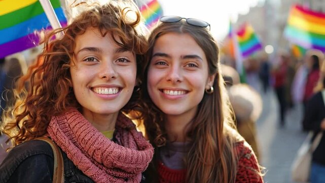 Demonstrators celebrate feminism and LGBTQ rights during a vibrant protest in a city square