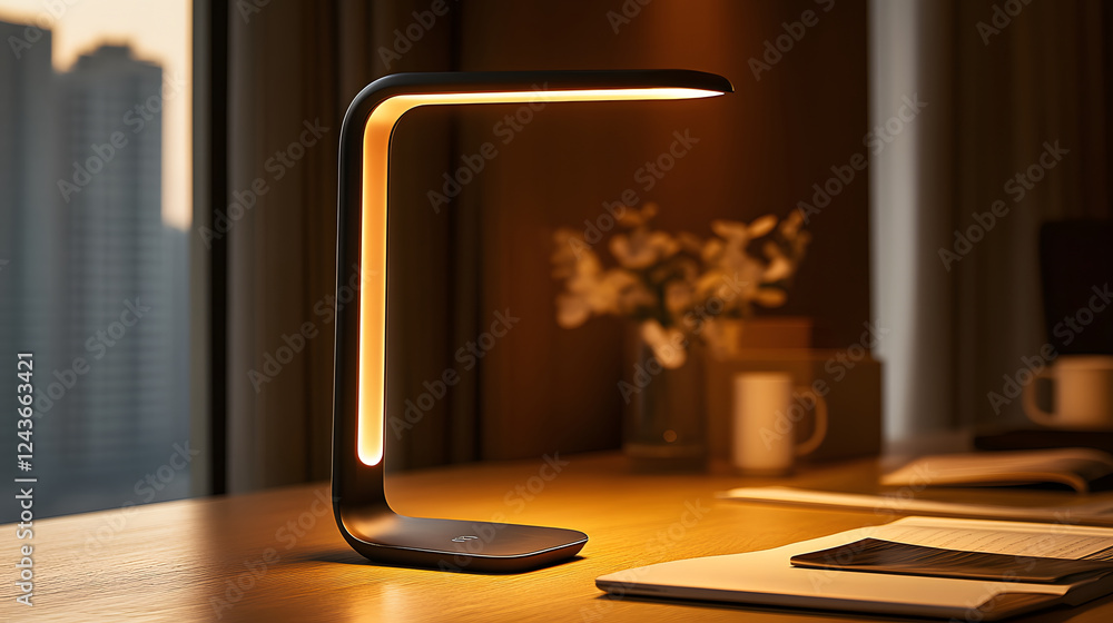 Poster a modern desk lamp emits a warm glow, illuminating a workspace with a stylish design and a cozy ambi
