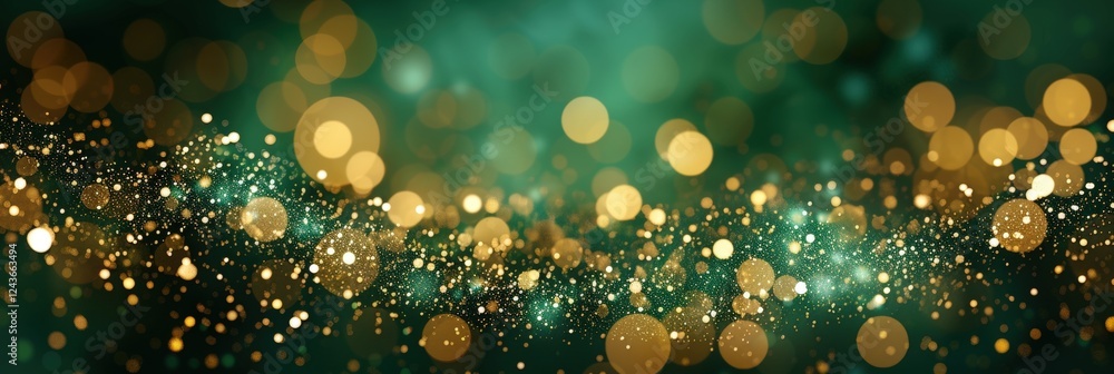 Poster soft bokeh abstract background with glowing golden and green lights for elegant banner design and cr