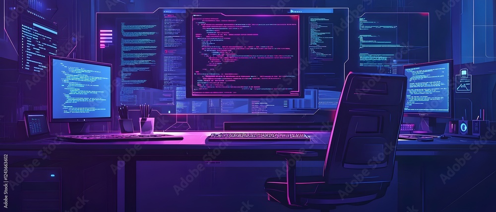Poster a computer desk with a chair and two monitors