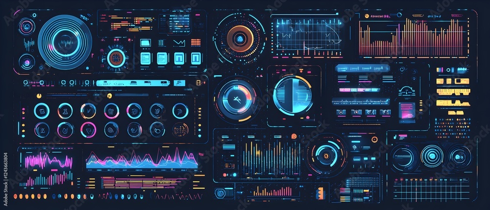 Poster a computer monitor with a lot of different colored graphs and numbers