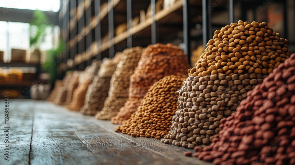 Poster a vibrant display of various nuts and seeds arranged in mounds within a rustic market setting