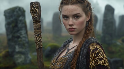 portrait of a celtic woman in a foggy forest